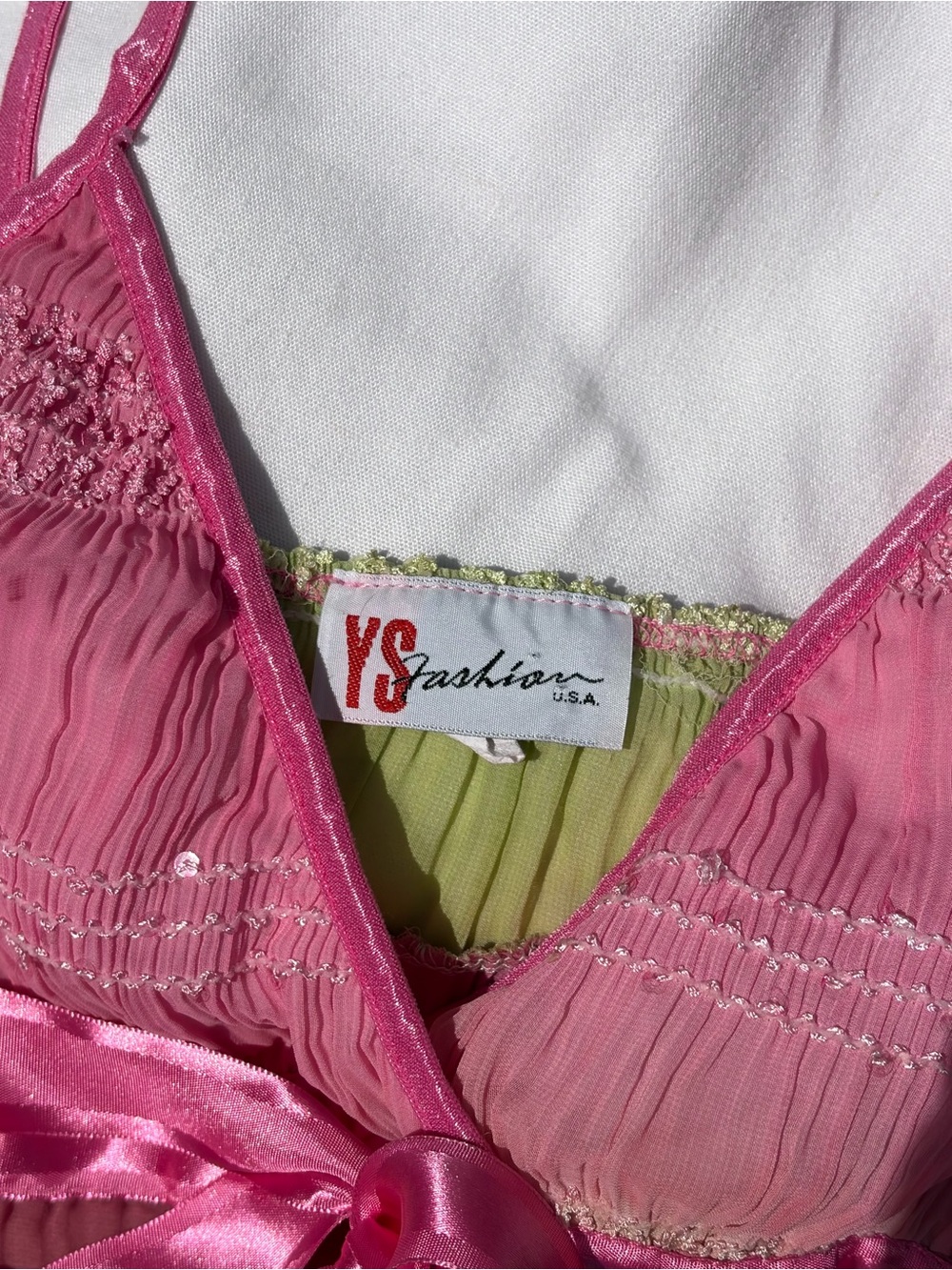 Y2K Pink and Green Satin-Trim Spaghetti Strap Tank - Picture 3 of 4
